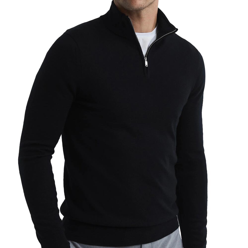 Reiss Blackhall Black Merino Extra Fine Wool Half-Zip Funnel-Neck Men's Sweater